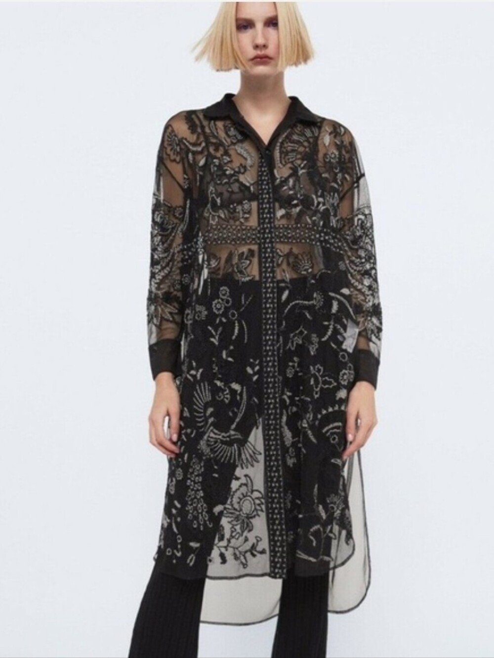 Zara Embroidered Sheer Maxi Length Top Womens M Black Whimsy Goth Button Up - Picture 7 of 16